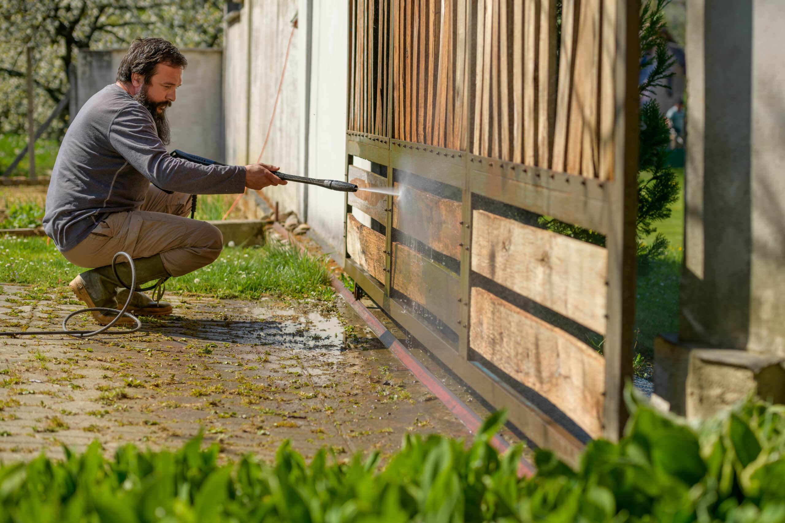 Mid adult man cleaning a wooden gate with a power washer